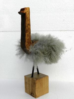 Autruche - H : 42 cm - brique/plumes/fer